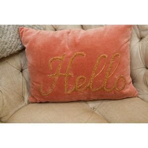 Blush Velvet “Hello” Decorative Throw Pillow Gold Beaded Script Accent